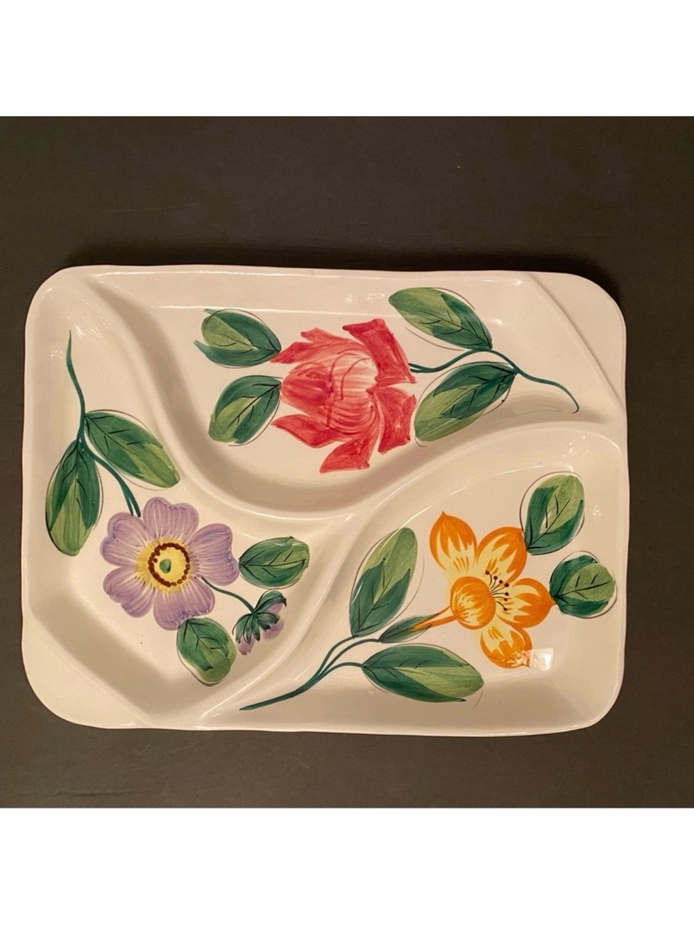 ITALY TRAY PARTY PLATTER VINTAGE HAND PAINTED CERAMIC WHITE FLORAL RECTANGLE